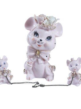 Vintage Chained Spaghetti Pink Mice Family 50's/60's Era Napco? please Read